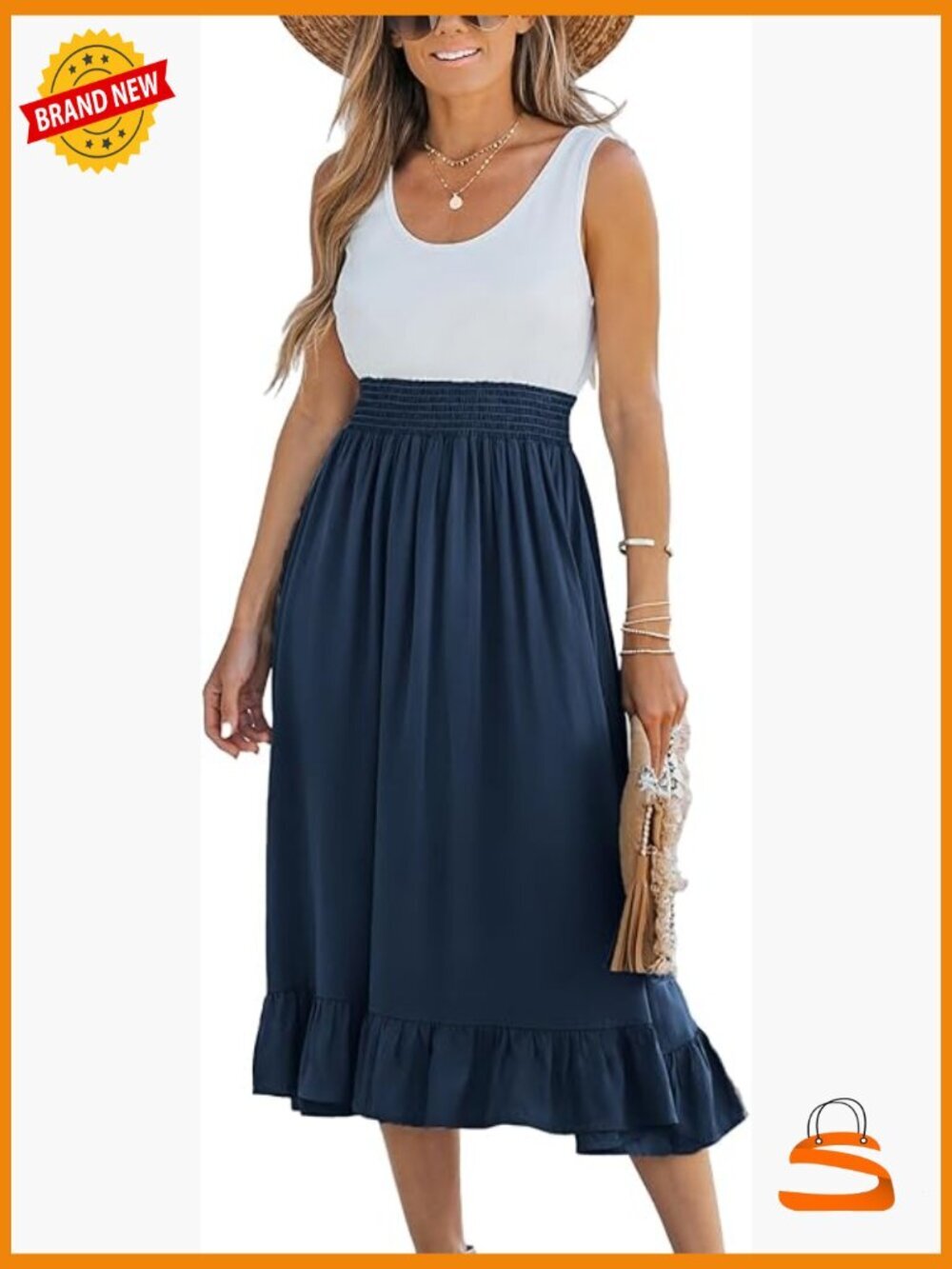 Sleeveless Flowy Midi Sundress Smocked Elastic Waist